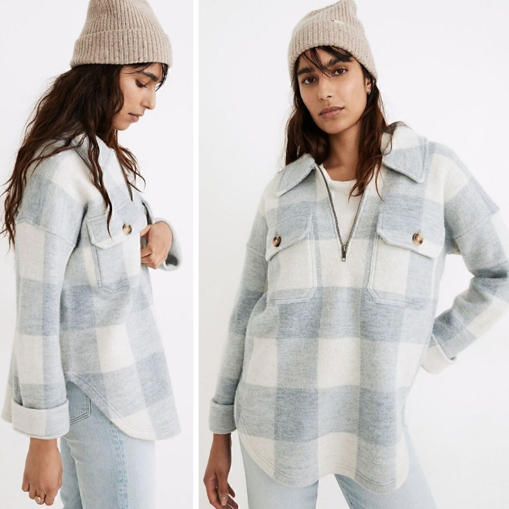 New! Madewell Boiled Wool Half-Zip Popover Sweater Buffalo Check Shacket Jacket